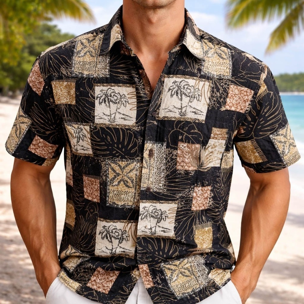 Hilo Hattie Hawaiian Aloha Shirt XL Floral Tribal Leaf Outlines Palms Brown